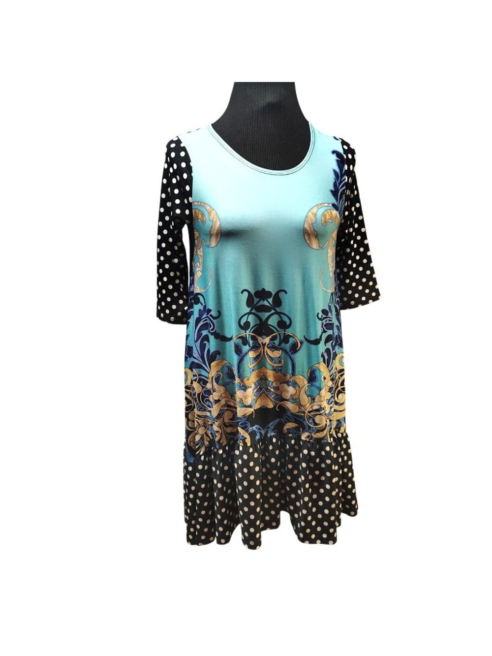 Zadie B's Turquoise Baroque Print Swing Dress Women's Small Travel Knit Tunic